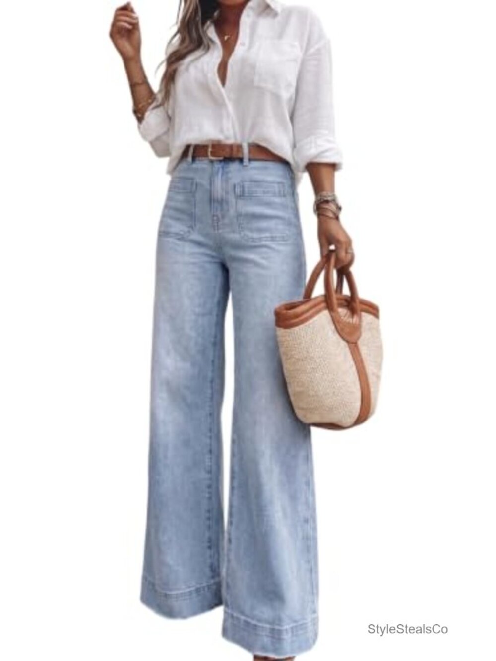 Wide Leg High Waisted Retro Patch Pocket Stretchy 70s Vintage Denim Pants